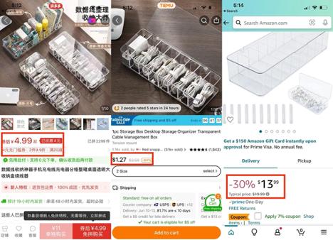 from left to right are the data storage box sales pages of Pinduoduo, Temu and Amazon